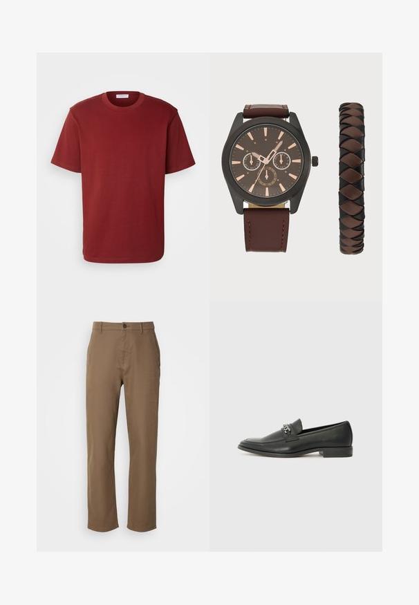 Lindbergh O NECK TEE OVERSIZE - Lihtne T-särk - dark red; Pruunid puuvillased püksid, sirge lõike ja nööbiga kinnitusega, küljetaskudega. Omavad siledat tekstuuri ja lihtsat, kaunistamata disaini.; Must haveate nahkking punased, millel on sile viimistlus, tikitud muster ja dekoratiivne metallkett vampi üle. Tasane konts.; Pier One SET - Käekell - black/brown; Pier One SET - Käekell - black/brown; Pier One SET - Käekell - black/brown