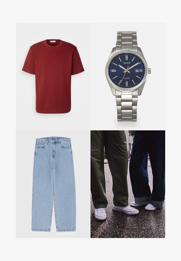 Lindbergh O NECK TEE OVERSIZE - Paprasti marškinėliai - dark red; Šviesiai mėlyni džinsai su tiesiomis kojomis, turintys vidutinio aukščio juosmenį, penkias kišenes ir mygtuko bei užtrauktuko uždarymą.; Balti žemi sportiniai bateliai su raudonais akcentais, dėvimi su alyvų žaliais ir tamsiai mėlynais kelnais. Lygus paviršius, matomi akių skylutės ir gumos padai.; Sidabrinis nerūdijančio plieno laikrodis su tamsiai mėlynu ciferblatu, metaliniais valandų žymenimis ir datos langeliu 3 valandą. Atsparus vandeniui iki 50 metrų.