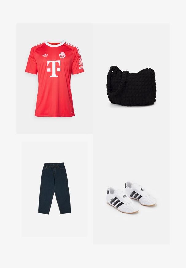 adidas Performance FC BAYERN 2025/2026 THIRD GOALKEEPER JERSEY - Article de supporter d'équipe de club - pure ruby; Jean taille haute bleu marine avec une coupe décontractée, comprenant cinq poches et une fermeture à bouton. Fabriqué en denim avec une texture lisse.; Chaussures de sport blanches avec des rayures noires, présentant une texture semblable à du daim, un orteil arrondi et une sangle en Velcro. Semelle en caoutchouc pour l'adhérence.; Sac en tissu noir avec un motif texturé et matelassé. Forme arrondie, poignées courtes et épaisses, et structure souple et flexible.