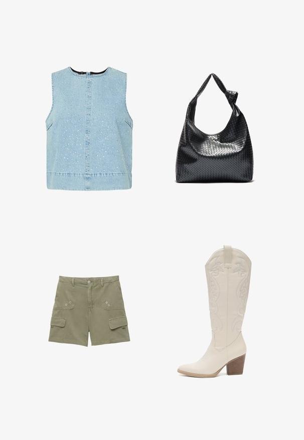 Ljusblå denim utan ärmar med spridda silvernitar, rund halsringning och något lös passform. Enkel, texturerad tygdesign.; Cargo shorts i olivgrön bomull med två framfickor, en sidficka och stängning med metalldroppe. Mjuk textur och skräddarsydd passform.; Knähöga vita lädercowboystövlar med broderade blommönster, spetsig tå och en staplad träklack. Slät textur och elegant design.; Svart vävd läderhandväska med en avslappnad design, som har en knuten rem och en liten dekorativ guldfärgad nitar högst upp.