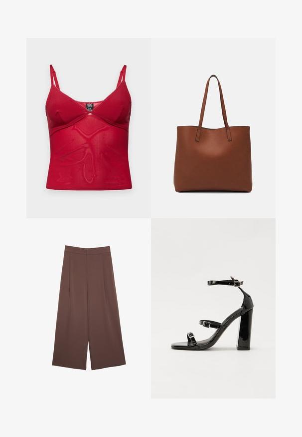 Rdeča cami majica iz prosojnega blaga, z nastavljivimi naramnicami, valovitim robom in prilegajočim dizajnom s križno ploščo.; Rjave široke hlače z gladko teksturo, ki imajo visok pas in sprednje naborke. Tkanina je lahka in prosto pada.; Črne lakirane sandale s peto, kvadratnim prstom, trakovi okrog gležnja in srebrnimi zaponkami. Opremljene so s stabilno Debelo peto.; Rjava usnjena torba z gladko teksturo, odprto zasnovo zgoraj in dvema naramnima trakovoma. Opremljena je z minimalnim šivanjem in brez vidnih kovinskih delov.