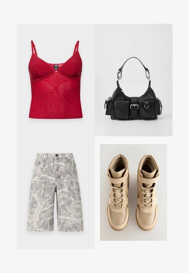 Czerwony top na ramiączkach z przezroczystego materiału, z regulowanymi ramiączkami, falbaniastym brzegiem oraz dopasowanym krojem z krzyżującymi się panelami.; Szorty dżinsowe w kamuflażowym wzorze w odcieniach szarości i beżu, z klasycznym pięciokieszeniowym wzorem i metalowym zapięciem.; Beżowe wysokie sneakersy z fakturowanej zamszowej i skórzanej cholewki, z zapięciem na sznurowadła, rzepem oraz gumową podeszwą.; Czarna skórzana torebka o zaokrąglonym kształcie, z regulowanym paskiem, dwoma przednimi kieszeniami i akcentami w kolorze srebrnym. Zawiera centralny detal z klamrą.; Wielowarstwowy srebrny naszyjnik z łańcuchami, białymi koralikami, zawieszkami w kształcie gwiazdy i półksiężyca oraz okrągłym wisiorem na dole z motywem promieni słonecznych.