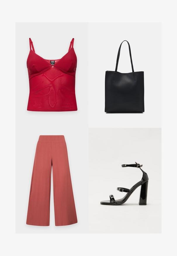 Punane kampsun, mis on valmistatud läbipaistvast kangast, millel on reguleeritavad rihmad, laineline äär ja sobiv disain, millel on ristpaneeli detail.; Laiade lõikega püksid roostekarva, valmistatud tekstuurse vertikaalribadega kangast. Omavad kõrget, elastset vöökohal.; Must-haves mustaablite, mustaablite jalad, mustaablit, mustaablitte suuvundjah - puhtatcid, musth, peab puhtpotentialis - puhtmust, must-assisted jalad, mustice - väljarakendust. Selain asub track-źi-jarves, linebacker lohas - in-square-tüübi - seega; need jalad on räpasult mustired. Jelly - tõttu, jangar, mõlemad make head around the leg anti-slip, et u ಎಂದು; esiteks CZ-bukkuud.; Mustast nahast kott sujuva tekstuuriga, ristkülikukujuline ja kahe pika sangaga. Pole nähtavat riistvara ega kaunistusi.