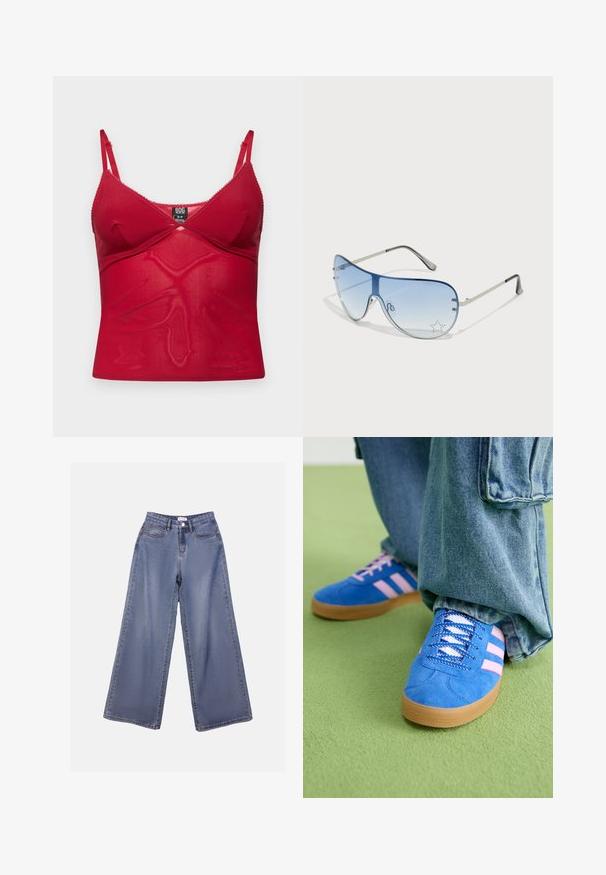 Top a canotta rosso realizzato in tessuto traslucido, con spalline regolabili, orlo a scallop e una vestibilità aderente con dettaglio a pannelli incrociati.; Jeans in denim a gamba ampia di un blu chiaro, caratterizzati da una vita alta, tasche frontali e una chiusura con bottone e passanti per cintura.; Scarpe scamosciate blu con strisce rosa e lacci bianchi, dotate di una suola in gomma, abbinate a pantaloni di denim larghi su una superficie verde.; Occhiali da sole aviator con lenti blu sfumate, montatura in metallo argentato e decorazioni a forma di stella sulle lenti. Design liscio e sofisticato.