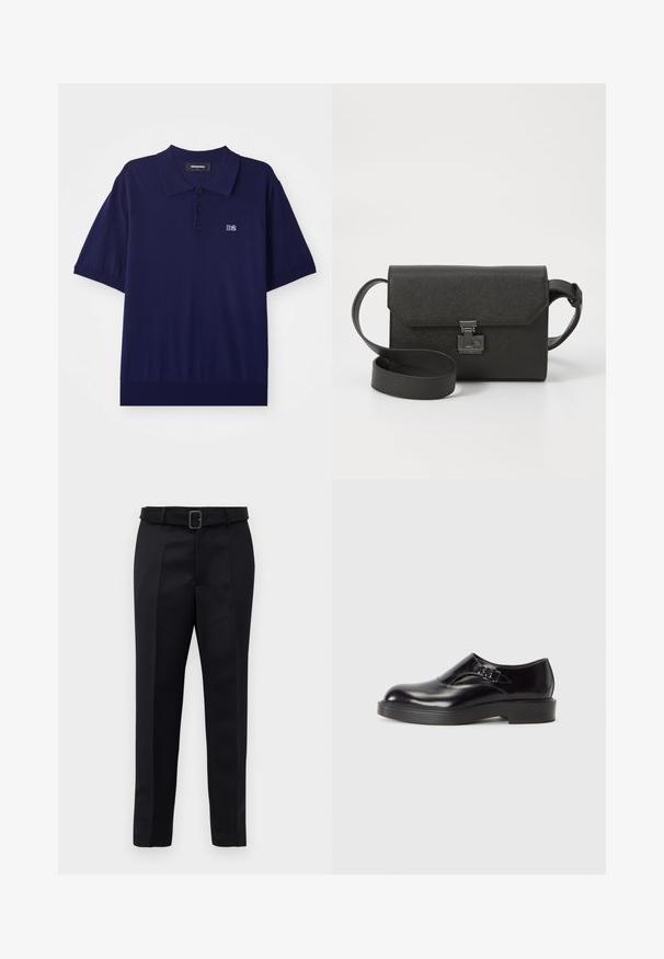 Polo de culoare albastru închis, cu mânecă scurtă, fabricat dintr-un material moale, având un guler, trei nasturi și un mic logo brodat "D2" pe piept.; Pantalonii negri ajustați sunt fabricați dintr-un material neted, au croi drept și o talie încrustată cu o cataramă rectangulară. Pliseele frontale notabile îmbunătățesc designul.; Pantof cu piele neagră, cu vârf rotund, toc jos negru și o curea decorativă. Textură netedă cu un finisaj lucios.; Geantă crossbody din piele neagră cu un finisaj texturat, închidere cu clapetă, accesorii metalice și o curea ajustabilă asortată.