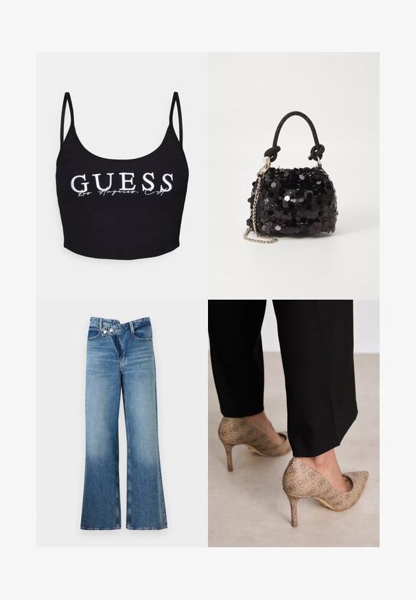 Guess SUNFLOWER - Linne - black; Ljust blå denim jeans med utsvängda ben och hög midja, med två knappar och framfickor. Tyget har en blekt textur med subtila variationer.; Beige högklackade skor med en strukturerad tyg som har ett upprepande mönster. Spetsig tån design med bakakcent och detaljer i guld på klacken.; Svart paljett mini-handväska med en knuten texturerad rem och silverkedja. Rund form med samlad topp och reflekterande detaljer.