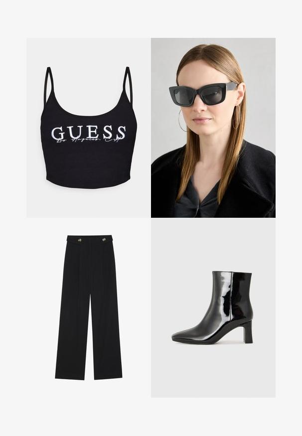 Guess SUNFLOWER - Topper - black; Svart vide bukser med høy midje, knappdetaljer på midjebåndet og frontplisser.; Sorte patentlær ankle boot med spiss tå og en mellomhøy blokkhelt. Glatt tekstur og minimalistisk design.; Sorte katteøyne solbriller med mørke linser, tykke rammer og subtile detaljer. Båret med en svart frakk og grå topp, med langt, rett hår.