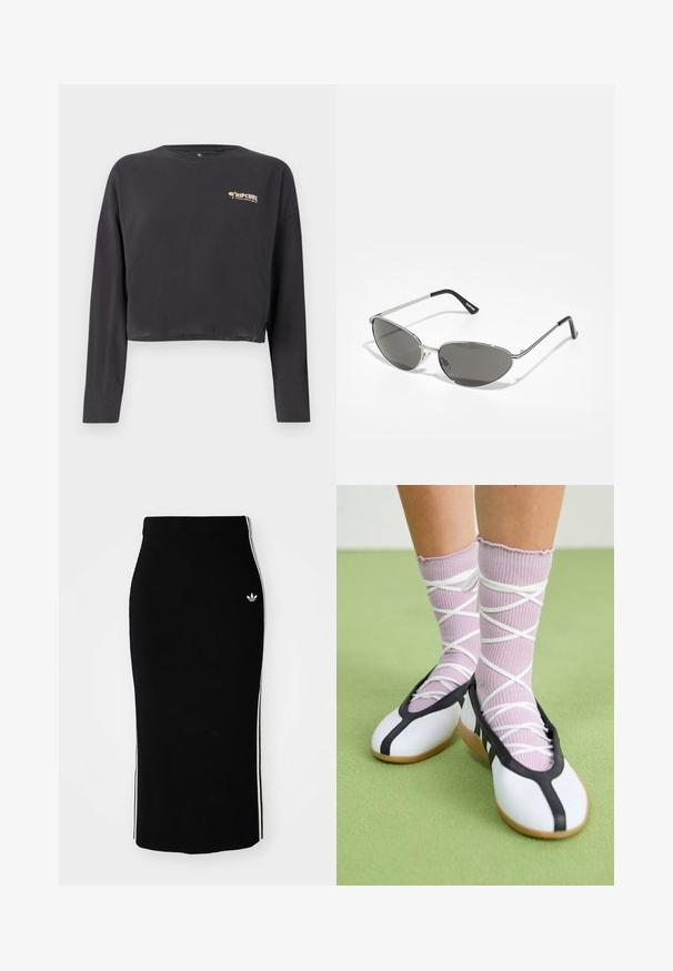 Przycięta, długosleeve koszulka w ciemnoszarym kolorze z bawełny, z małym, multikolorowym logo Rip Curl na piersi i luźnym krojem.; Czarna prążkowana spódnica midi o dopasowanym fasonie, z białymi paskami po bokach i małym białym emblematem z lewej strony.; Białe płaskie buty z czarnym wykończeniem i podeszwą, w połączeniu z jasnofioletowymi skarpetkami w prążki z białymi krzyżującymi się paskami. Ustawione na zielonym tle.; Okulary przeciwsłoneczne z elegancką, srebrną metalową ramą, szarymi soczewkami i aerodynamicznym kształtem z wyraźnymi krawędziami oraz cienkimi zausznikami.; Złote kolczyki w kształcie cienkich okrągłych obręczy, o gładkim metalicznym wykończeniu, bez zdobień czy wzorów.