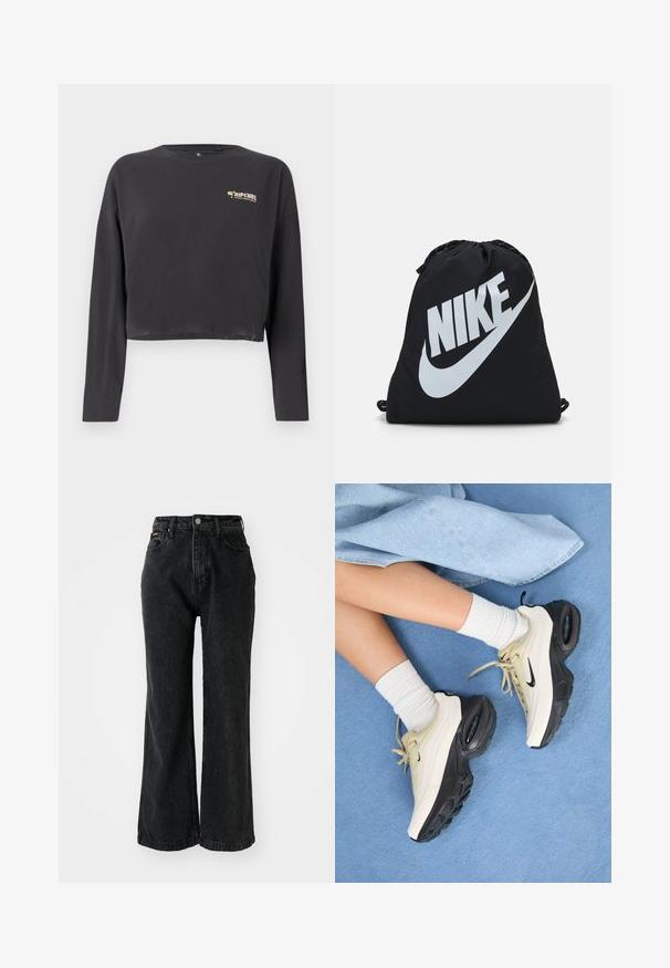 Przycięta, długosleeve koszulka w ciemnoszarym kolorze z bawełny, z małym, multikolorowym logo Rip Curl na piersi i luźnym krojem.; Czarne dżinsy o wysokim stanem, szerokiej nogawce i przeszyciami. Posiadają pięć kieszeni i guzik w pasie.; Sneakers Nike Air Max mają beżowy i czarny design, gładką cholewkę, widoczną amortyzację powietrza oraz płaskie gumowe bieżniki.; Czarny worek na sznurkach z dużym białym logo Nike. Wykonany z lekkiego materiału o gładkiej fakturze i zaokrąglonym kształcie.