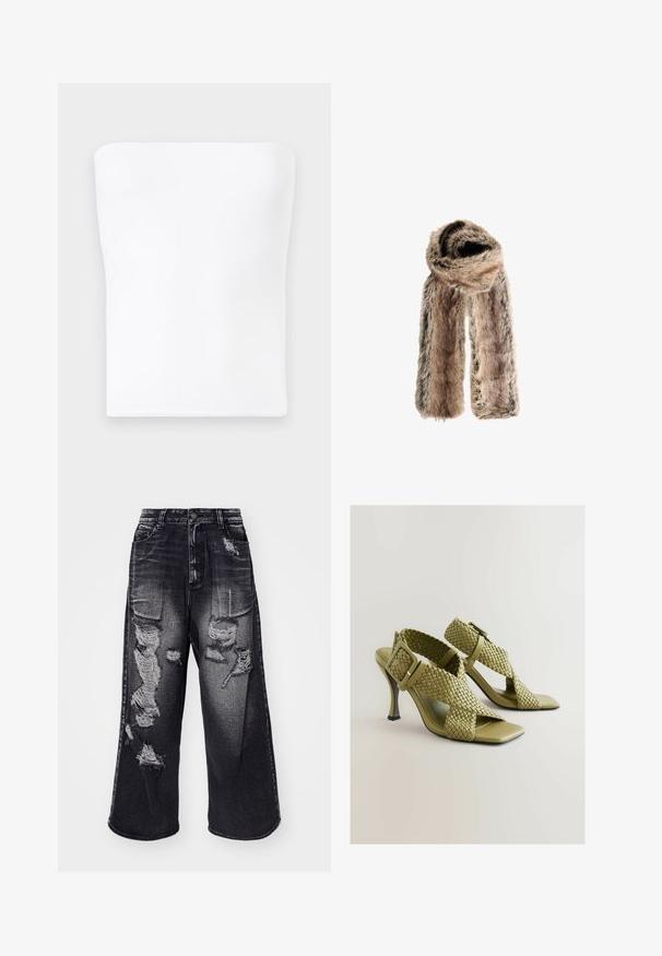 Valkoinen olkaimeton toppi, joka on valmistettu sileästä, joustavasta kankaasta. Siinä on suora pääntie ja tiukka muotoilu, jossa ei ole näkyviä saumoja tai koristeita.; Korkeavyötäröiset, leveälahkeiset farkut haalistuneessa mustassa denimmateriaalissa, joissa on repäisyjä edessä, nappikiinnitys ja viiden taskun muotoilu.; Vihreät kudotut korolliset sandaalit säädettävällä soljella, neliönmuotoisella avokärkiosalla ja sileällä pohjalla. Ominaisuuksiin kuuluu tyylikäs, hoikka korko ja teksturoidut hihnat.; Tekoturkistakin violetti ja ruskea sävyissä, pehmeä tekstuuri, leveä muoto ja epäsymmetrinen kietaisu, joka tarjoaa lämpöä ja mukavuutta.