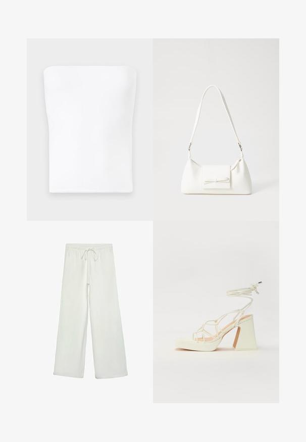 Valkoinen olkaimeton toppi, joka on valmistettu sileästä, joustavasta kankaasta. Siinä on suora pääntie ja tiukka muotoilu, jossa ei ole näkyviä saumoja tai koristeita.; Valkoiset leveälahkeiset housut pehmeästä kankaasta. Varustettu joustavalla vyötäröllä ja nyörillä sekä sileällä pinnalla. Ei näkyviä kuvioita tai tarvikkeita.; Valkoinen korkokenkä, jossa on paksu korko, ja joka sisältää nauhakiinnityksen ja nilkkaketjun. Sujuva pinta, jossa on platform-etupohja lisäkorkeutta varten.; Valkoinen synteettinen käsilaukku, jossa on kolmikulmainen muoto, tasainen etu läppä ja nauhadetail, säädettävä olkahihna, sileä rakenne ja minimalinen muotoilu.