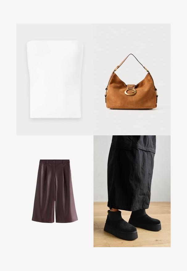 Biely top bez ramienok vyrobený z hladkej, elastickej tkaniny. Má rovný výstrih a priliehavý strih bez viditeľných švov alebo ozdôb.; Hnedé široké šortky z umelej kože s prednými vreckami, pútkom na opasok a zapínaním na gombík.; Čierne platformové členkové čižmy vyrobené z mäkkej semišovej usne s hladkým povrchom a hrubou podrážkou. Majú rebrový vzor a neónový akcent na päte.; Hnedá semišová kabelka s zaobleným tvarom, zlatou kovovou sponou a kontrastným čiernym lemovaním. Obsahuje jeden ramenný popruh na nosenie.