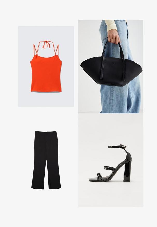 Oranžový, bezrukávový top s tenkými ramienkami. Navrhnutý s priliehavým strihom, hladkou textúrou a nastaviteľným zaväzovaním na chrbte.; Čierne nohavice so strihom rovného strihu, s prednými vreckami a bočnými rozparkami na leme. Vyrobené z mäkkej, hladkej tkaniny. Vhodné na rôzne príležitosti.; Čierne lakované sandále na podpätku so štvorcovou špičkou, navlečenými remienkami okolo členku a striebornými prackami. Disponujú masívnym blokovým podpätkom pre stabilitu.; Čierna kožená kabelka s jedinečným tvarom ventilátora, so plochými držadlami. Povrch má štruktúru s brúseným efektom a minimalistic design.