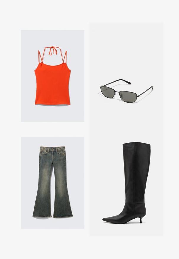 Top arancione senza maniche con spalline sottili. Progettato con una silhouette aderente, texture liscia e dettaglio regolabile con legatura sul retro.; Jeans in denim a gamba svasata di colore blu sbiadito con un classico design a cinque tasche, caratterizzati da una leggera texture e cuciture visibili.; Stivali neri in pelle al ginocchio con punta affusolata e tacco kitten. Texture liscia e design minimalista senza hardware o accenti visibili.; Occhiali da sole con montatura nera in metallo, dotati di lenti rettangolari. Presentano un design sottile e lenti grigie, esprimendo uno stile minimalista.; Borse a tracolla in pelle bordeaux con doppi manici, superficie testurizzata, tasche laterali con zip e forma strutturata. Presenta accessori in metallo argentato.