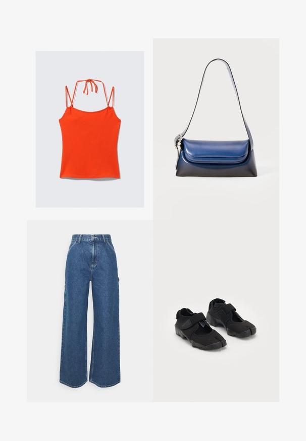 Oranž särg, ilma varrukateta, õhukeste nööridega. Kujundatud sobiva silueti, sileda tekstuuri ja reguleeritava sidumisdetailiga seljaosas.; Laiene jalad sinised denim püksid kõrge vöökohaga, kontrastsete õmblustega ja küljetaskutega, klassikalise viie taskuga disainiga ja toore servaga.; Mustad mustad veega tehtud mustad veeketsid, millel on paindlik kangas, Velcro rihm ning ainulaadne jagatud sõrmikute disain ja tekstureeritud kummist tald, mis tagab haarduvuse.; Tumed nahkhandbag, millel on sile viimistlus, ümar kuju, volditud ülaosa ja üks õlavööd. Hõbedane riistvara aksessuaar kaasas.; Kullatud kullatooni digitaalne kell, millel on oktaanglane nägu, kummist rihm, LCD-ekraan, mis näitab aega ja kuupäeva, ning seadistamiseks külgedel nupud.