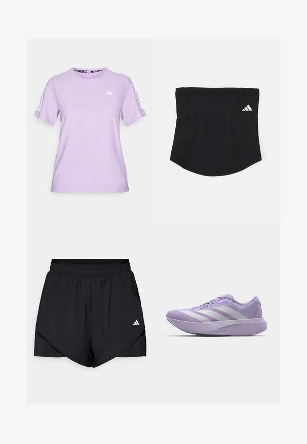 Fialová atletická košeľa s krátkym rukávom vyrobená z priedušného materiálu, s okrúhlym výstrihom, textúrovaným povrchom a tromi bielymi pruhmi na pleciach.; Čierne športové kraťasy s viacvrstvovým dizajnom, vyrobené z ľahkej tkaniny. Majú elastický pás a malé biele logo na boku.; Svetlofialová bežecká obuv s hornou časťou z priedušnej sieťoviny, biely dizajn s tromi pruhmi, textúrovaný povrch a hrubá pena strednej podrážky označená ako "LIGHTSTRIKE PRO."; Čierny športový čelenka s hladkým povrchom, zakriveným tvarom a elastickým vrchom. Na boku sa nachádza malé biele logo Adidas.