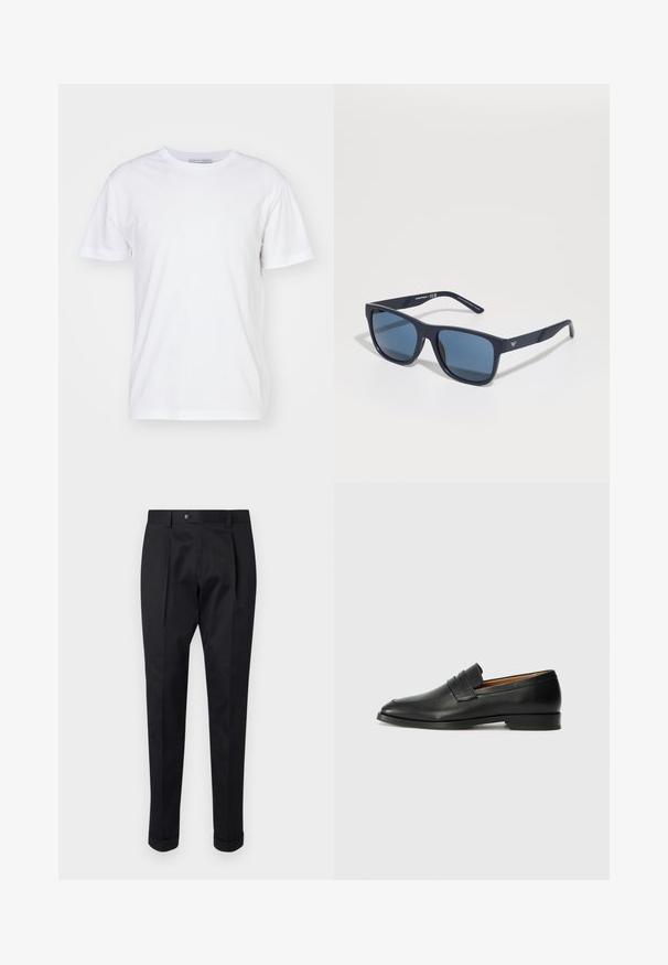 Balts kokvilnas T-krekls ar apaļu kakla izgriezumu, īsām piedurknēm un taisnu griezumu. Bez rakstiem vai rotājumiem, gluda tekstūra un vienkāršs dizains.; Melni bikses, izgatavotas no gludas auduma, ar uzkāpes priekšpusē, pogu aizdari un velkot piegriezumu pie potītes.; Melnas ādas loafers ar noapaļotu purngala formu, smalku izšuvumu un zemu papēdi, piedāvājot gludu tekstūru un minimālistisku dizainu.; Zilie taisnstūra saulesbrilles ar tumšiem stikliem, matēta jūras zila ietvaros, logo detaļa uz tempļa, taisnas rokas un cieta, gluda virsma.