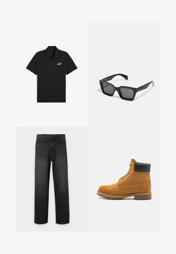 Zwarte poloshirt van katoen, met een klassieke kraag, korte mouwen en een wit Puma-logo op de linkerkant van de borst. Gladde textuur.; Donkergrijze denim jeans met een rechte pijpdesign, voorzien van een ritssluiting, vijf zakken en subtiele vervagingdetails op de stof.; Tan suède enkelboot met zwart gevoerd kraagje, gouden metalen oogjes, witte stikdetails en een robuuste rubberen zool met uitgesproken profiel.; Zwarte rechthoekige zonnebril met donkere lenzen. Kunststof frame met een glanzende afwerking, met een brede neusbrug en licht taps toelopende pootjes.