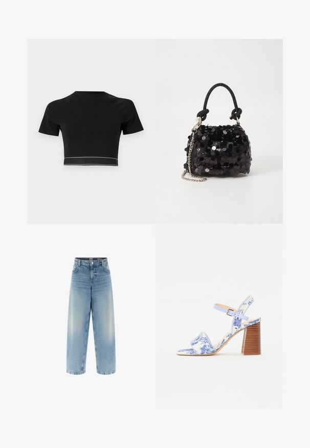 Melnā īsā stilā T-kreklā ar īsām piedurknēm, apaļu kakla izgriezumu un kontrastējošu logo joslu apakšā, kurā redzams "HUGO" melnā krāsā tumšā fonā.; Platas kājas zili džinsi ar augstu vidukli, gaišu mazgāšanu, vieglu izbalēšanu, dubultšuvēm un pogu aizdari priekšpusē.; Zili ziedu raksta sandales ar kvadrātu purngalu, platu siksnu un regulējamu potītes siksnu, kurām ir struktūrēts koka bloks papēdis.; Melna spīguļota mini rokas soma ar mezglotu teksturētu siksniņu un sudraba ķēdi. Apaļa forma ar sakopotām malām un atstarojumu detaļām.