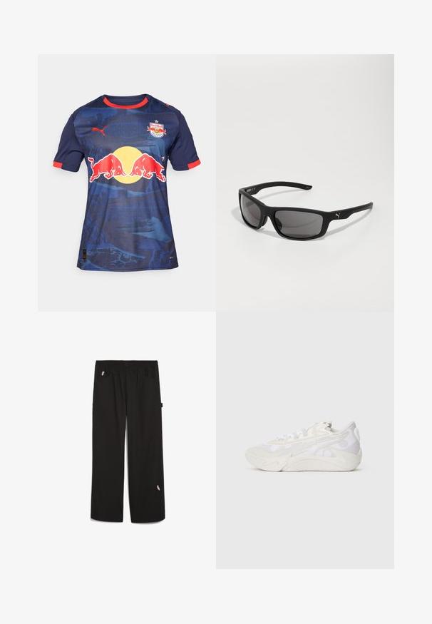 Mėlyna trumpomis rankovėmis marškinėlių su raudonais akcentais, centre esantis logotipas su dviem bėgančiais jautukais ir geltonas saulės grafikas, vaizduojantis tekstūruotą kalnų foną.; Juodos kelnės su elastinga juostele, dviem priekinėmis kišenėmis ir maža siuvinėta detale ant apatinės kojos. Pagaminta iš lengvos medžiagos.; Šoninis vaizdas, kaip atrodo balti ir šviesiai pilki sportiniai batai su abstrakčiu bangos raštu ir storu padu, ant vientiso balto fono.; Juodos saulės akinius su matinio paviršiaus apdaila, stačiakampiais objektyvais ir ryškiu logotipo akcentu ant šventyklos. Poliarizuoti objektyvai, UV apsauga.