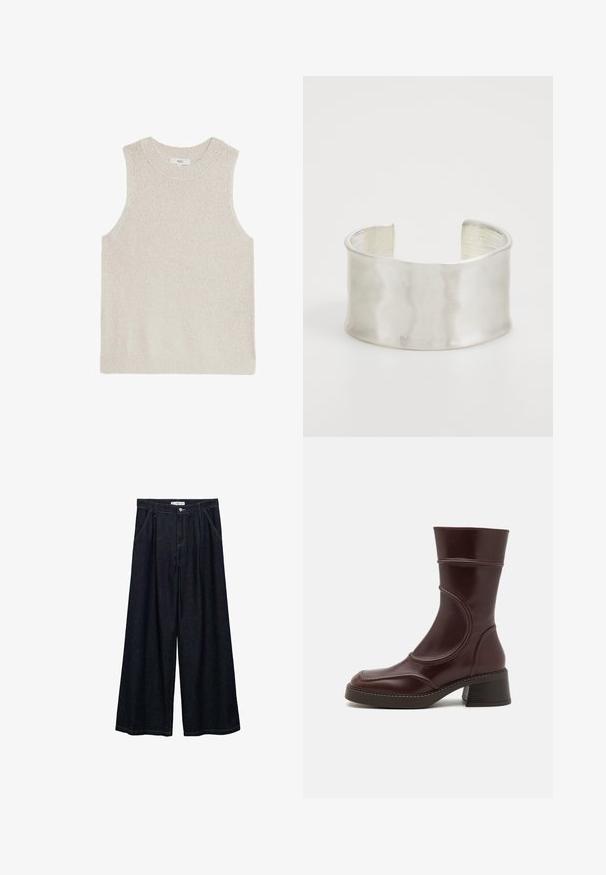 Lichtbeige mouwloze trui met een geribbelde ronde hals, textuurstof en een minimalistisch design; geen zichtbare merkname of patronen.; Donkerdenim wijde-broek met een hoge taille, voorzien van een sluiting met knoop aan de voorkant, twee zijzakken en stikdetails.; MIISTA MALENE  - Plateaulaarzen - brown; Zign Armband - silver-coloured