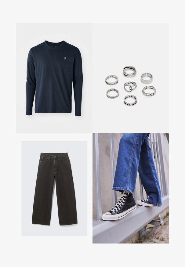 Dugog rukav majica u tamnoplavoj boji napravljena od mekanog pamuka, s okruglim izrezom i malim bijelim logotipom na lijevoj strani prsnog koša.; Široke crne traperice imaju visok struk, dizajn s pet džepova i zatvaranje na dugme. Tkanina ima mekan, teksturiran završetak.; Crne visoke tenisice s bijelim potplatom i vezicama, u kombinaciji s širokim plavim trapericama, naslonjene na sivi ogradu.; Set od sedam srebrnih prstenova s različitim dizajnima, uključujući uvrnute, povezane i gravirane uzorke. Različitih oblika i širina.