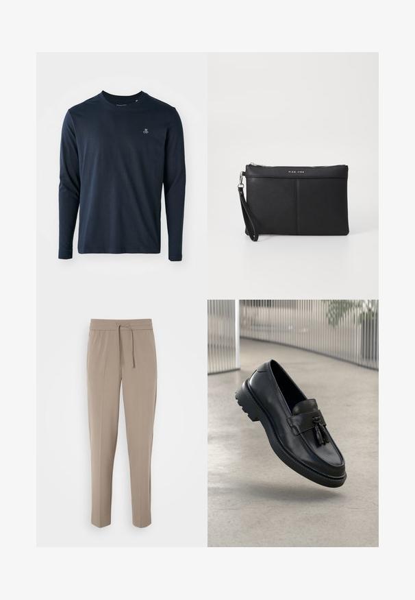 Ilgų rankovių tamsiai mėlynas marškinėliai, pagaminti iš švelnios medvilnės, su apvalia iškirpte ir mažu baltu logotipu kairėje krūtinės pusėje.; Šviesiai beigės kelnės su elastiniu juosmeniu, reguliuojama raišteliu ir siaurėjantys kojomis. Audinys atrodo lygus su švelniu blizgesiu.; Juodi odiniai bateliai be užsegimo su lygiu paviršiumi, dekoratyvine kutu, stora guminė pado danga ir siūtais akcentais. Lengvi ir elegantiško dizaino.; Juodas sintetinis delninukas su užtrauktuku, rankena ir lygia tekstūra. Yra švelni siuvinėta detalė ir logotipas išlygintas priekyje.