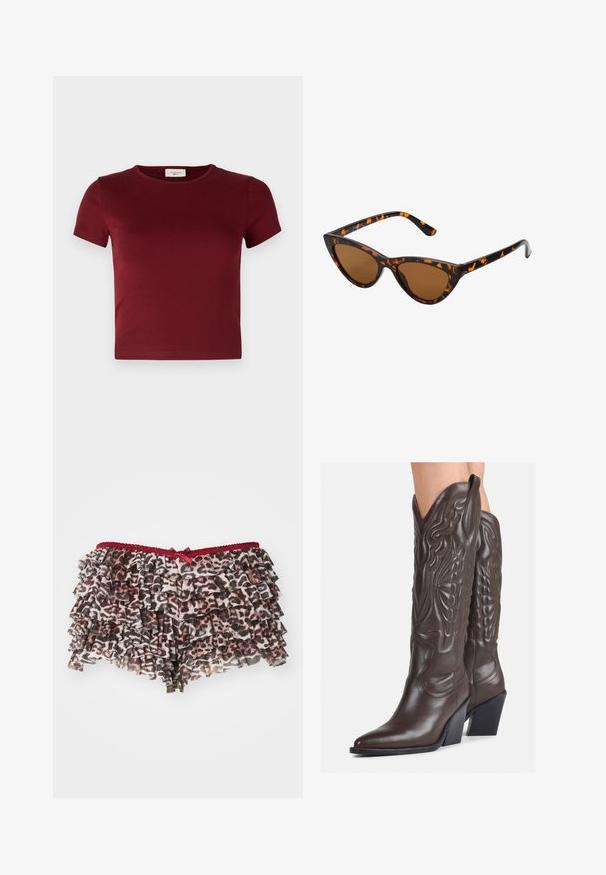 Gina Tricot BASIC TIGHT - T-Shirt basic - dark red; Blumen-Leopardenmuster-Shorts mit gestuften Rüschen, ausgestattet mit einem roten Spitzenbund und einem kleinen Schleifenakzent vorne.; Braune Leder-Cowboy-Stiefel mit spitzem Punkt und Blockabsatz, die über detaillierte Stickereien und hervorgehobene Akzente am Schaft verfügen.; Katzenaugen-Sonnenbrille mit einem schwarz-orangenen Schildpattrahmen, braunen Gläsern und schlanken, spitzen Enden. Verfügt über ein minimalistisches Logo am Bügel.
