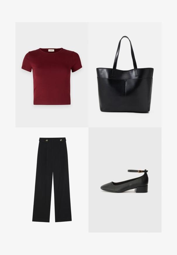 Gina Tricot BASIC TIGHT - T-shirts basic - dark red; Sorte vide bukser med høj talje, knapdetaljer på taljebåndet og frontfald.; Sorte læderpumper med spids tå og en lav blokhæl. Har en ankelrem med en guldfarvet spænde. Glat tekstur.; Sort læder tote taske med to lange håndtag, en glat tekstur og en struktureret form. Har en forlommem for ekstra opbevaring.