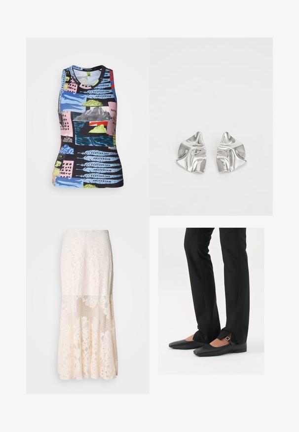 Ribbede ærmeløse tank top med et multicolor print, der viser landskaber og tekst. Materialerne ser strækbare ud med en tætsiddende form.; Blomsterdenim midi-skirt i crème; har et lagdelt design med gennemsigtige sektioner, struktureret blonder og en udfladning. ; Sorte læder balletflade sko med spids tå, rem med sølvspænde, parret med sorte skræddersyede bukser med slids i bunden.; Sølvmetal øreringe med et bølgende, skulpturelt design, der har en poleret overflade og uregelmæssige former, hvilket fremhæver en moderne æstetik.