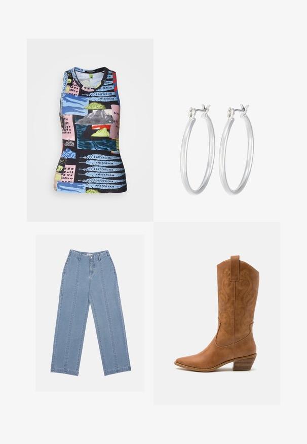 Prążkowany, bezrękawnik z wielokolorowym nadrukiem przedstawiającym krajobrazy i tekst. Materiały wydają się elastyczne, a fason jest dopasowany.; Jasnoniebieskie szerokie dżinsy wykonane z denimu. Charakteryzują się wysokim stanem, zapięciem na guzik oraz widocznym przeszyciem. Z przodu nie są widoczne żadne kieszenie.; Brązowe skórzane kowbojki z wyciągniętym nosem, haftowanymi wzorami spiralnymi na cholewie oraz blokowym obcasem. Posiadają pętlę ułatwiającą zakładanie.; Srebrne kolczyki w formie kółek o gładkim, polerowanym wykończeniu. O okrągłym kształcie i pewnym zapięciu na klik. Lekka konstrukcja odpowiednia do codziennego noszenia.