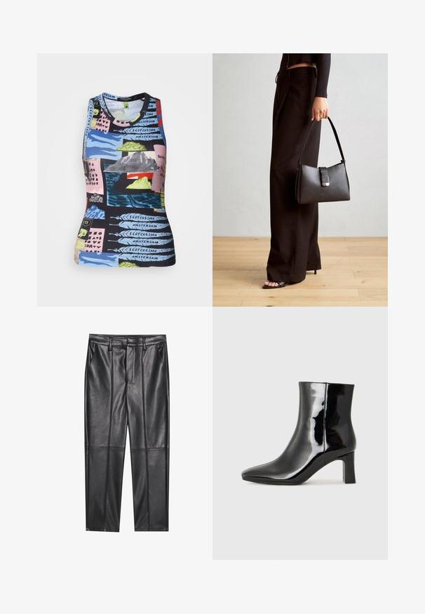 Camisola de alças canelada, sem mangas, com uma estampa multicolorida apresentando paisagens e texto. Os materiais parecem elásticos com um corte justo.; Calças de pele preta com uma textura suave, apresentando um ajuste reto, dois bolsos frontais e detalhes de costura visíveis.; Botim de tornozelo em pele sintética preta com bico apontado e salto bloco de altura média. Textura suave e design minimalista.; Bolsa preta com forma estruturada, textura suave e um fecho metálico. Combinada com calças largas pretas e sandálias de salto aberto sobre um chão de madeira.