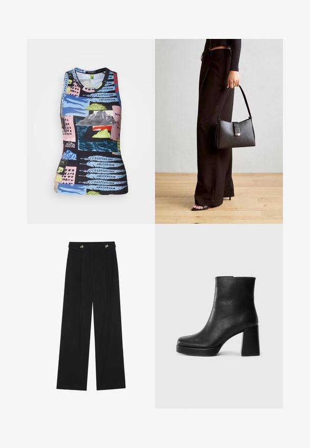 Ribbed sleeveless tank top with a multicolored print featuring landscapes and text. Materials appear stretchy with a fitted shape.; Black wide-leg trousers with high waist, button details on waistband, and front pleats.; Black leather ankle boot with a block heel and platform sole, viewed from the side on a plain white background.; Black handbag with structured shape, smooth texture, and a metallic clasp. Paired with wide black pants and open-toe sandals on wooden floor.