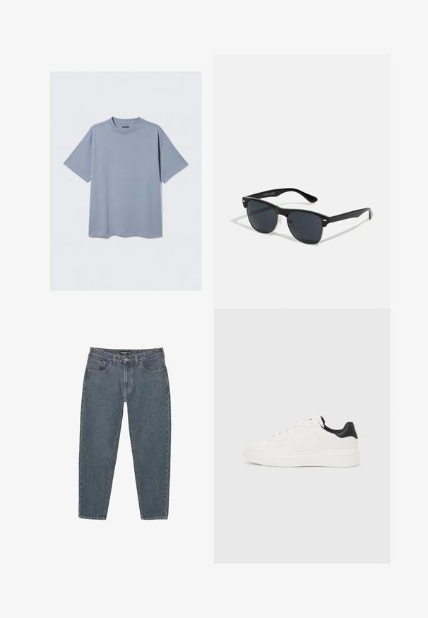 Lyseblå kortærmet t-shirt lavet af blød bomuld med rund halsudskæring og afslappet pasform; har minimale syninger.; Mørkeblå denim jeans med afslappet pasform, fem-lomme design, knaplukning og en let slidset kant. Holdbart materiale med subtil tekstur.; Hvide lædersneakers med præget mønster, tekstureret hvid mellemsål og sort hælakkent. Har rund tå og flade snørebånd.; Sorte solbriller med rektangulær form, mørke linser, sølvdetaljer ved tindingerne og en mat finish på stellet.