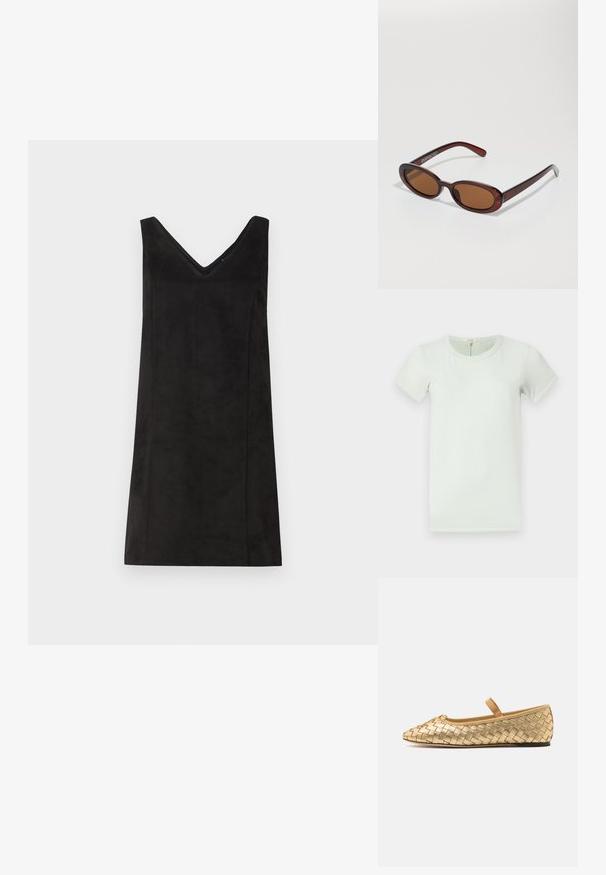 rag & bone THE SLUB - Základné tričko - greenlily; Čierne bezrukávové šaty s výstrihom do V, vyrobené z mäkkého materiálu, s rovnými líniami a minimálnymi detailmi. Hladká textúra.; Loeffler Randall LEONIE SOFT BALLET FLAT - Balerínky s remienkom okolo členku - gold; Okrúhle slnečné okuliare s hnedým nádychom a lesklým burgundským rámom. Úzke ramená s jemným brandovaním. Plochej šošovky dizajn.; Tkaná bordó kožená kabelka s kulatým tělem, silným uchem a zipovým uzavřením. Vyznačuje se hladkým povrchem a propleteným vzorem.