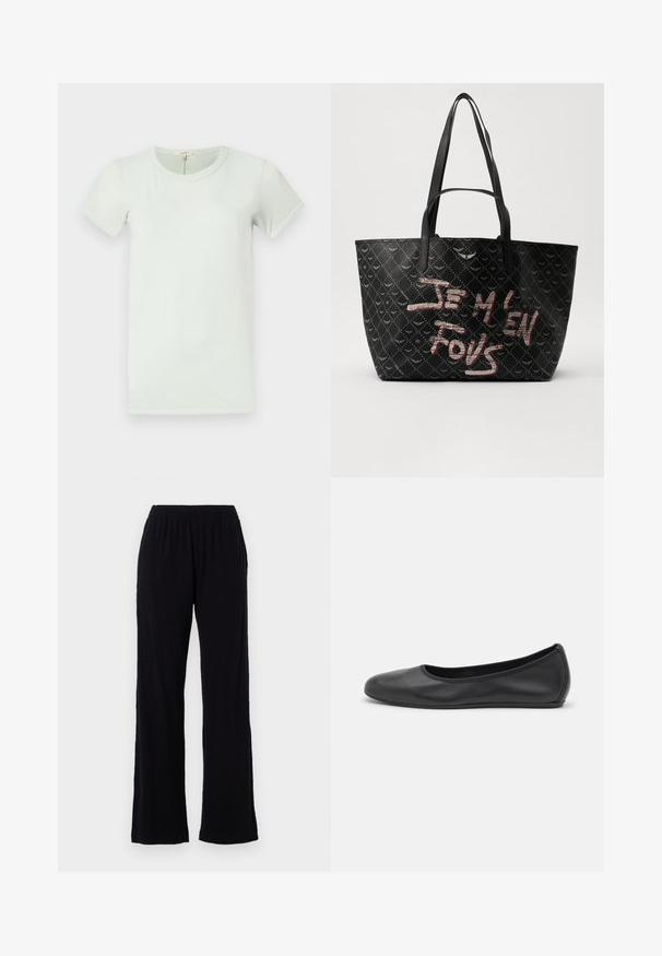 rag & bone - T-shirt basic; Czarne, lekkie spodnie z elastycznym pasem i prostym krojem nogawek. Miękka tekstura, bez widocznych wzorów czy akcentów. Prosty i uniwersalny styl.; Czarne skórzane baletki z zaokrąglonym noskiem, gładką fakturą, minimalnymi przeszyciami i elastycznym designem podeszwy.; Czarna torba tote z teksturowanym materiałem, ozdobiona wzorem w diamenty, z ramiączkami na ramię oraz wyraźnym tekstem w kolorze czerwonym i białym, brzmiącym "JE M'EN FOUS."