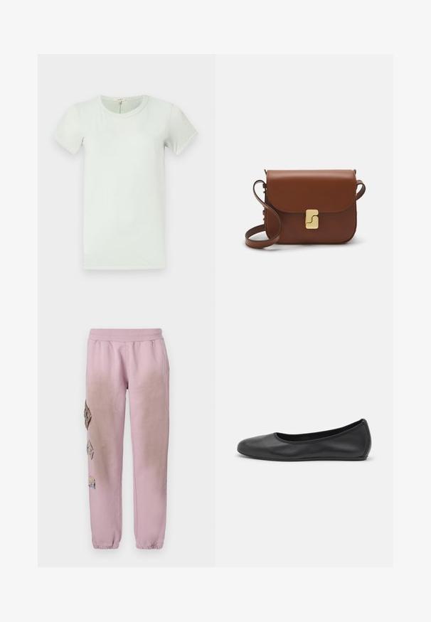 rag & bone THE SLUB - Lihtne T-särk - greenlily; Roosa spordipüksid elastse paelaga vööl, millel on vasakul küljel dekoratiivsed rombikujulised plaastrid ja elastsed mansetid pahkluude juures.; Musthave mustika tantsutossud mustast nahast, ümmarguse varbaga, siledast tekstuurist, minimaalse õmblusdetailiga ja paindliku tallakujundusega.; Pruunist nahast käekott, millel on klapiga sulgur, kuldne riistvara, õlarihm ja sile tekstuur. Kompaktne ristkülikukujuline vorm.