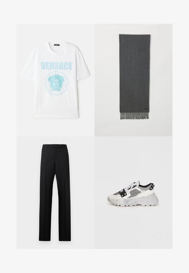 Vit bomullströja med rund halsringning, med en turkos grafik av Medusa och texten "VERSACE" tydligt visad.; Svarta byxor med hög midja och raka ben, utrustade med bältesöglor och pressveck, visade mot en vit bakgrund.; Kraftiga sneakers med en vit och silverdesign. Har nätpaneler, svarta accenter och vita snörningar. Texturerad sula med ett upphöjt mönster.; Grå ullsjal med fransade kanter, mjuk textur, rektangulär form och en liten svart logotypdetalj nära den nedre kanten.