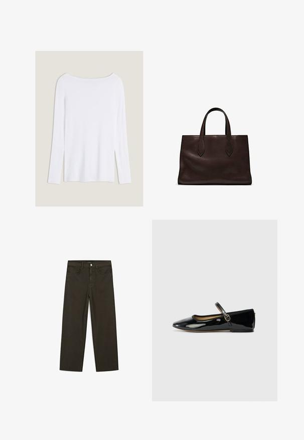 Witte lange mouwen top met een brede halslijn, zijsplitten en een gladde, lichtgewicht stof, met een eenvoudig, minimalistisch ontwerp.; Donkergroene wijde jeans van een katoenmix, met een sluiting met een voorste knop, vijf zakken en klassieke denimstiksels.; Zwarte gepatineerde leren ballerina met een spitse neus en een smalle gesp op een lichtgrijze achtergrond.; Bruine leren tote bag met twee verlengde handvatten, gestructureerde rechthoekige vorm, gladde textuur en subtiele stiksels.