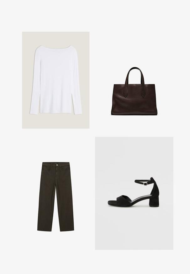 Haut à manches longues blanc avec un large décolleté, des fentes latérales et un tissu lisse et léger, présentant un design simple et minimaliste.; Jeans large en denim vert foncé en mélange de coton, avec une fermeture à bouton à l'avant, cinq poches et des coutures classiques en denim.; Sandales à talons en daim noir avec une fine lanière à la cheville, design à bout ouvert et un talon carré modeste. Texture lisse et accents minimalistes.; Sac tote en cuir marron avec deux poignées allongées, forme rectangulaire structurée, texture lisse et détails de couture subtils.