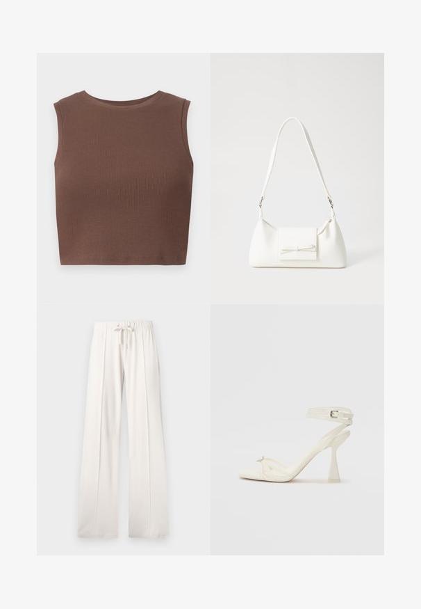 Rudas šonkaulinis be rankovių trumpas topas su apvaliu iškirpimu. Lygus audinys ir prisitaikantis siluetas pabrėžia paprastumą dizaino.; Šviesiai smėlio spalvos sportinės kelnės, pagamintos iš minkštos medžiagos, su raišteliu juosmenyje, plačiomis ilgomis kojomis ir vertikaliomis siūlėmis, turinčios lygų paviršių.; Baltos odinės aukštakulnės sandalai su dirželiais, elegantiško dizaino, skaidriu blokiniu kulnu ir dekoratyviu elementu ant piršto.; Balta sintetinė rankinė trikampio formos, plokščiu priekiu su užsegimu, kaspino detale, reguliuojama dirželiu, lygia tekstūra ir minimalistišku dizainu.