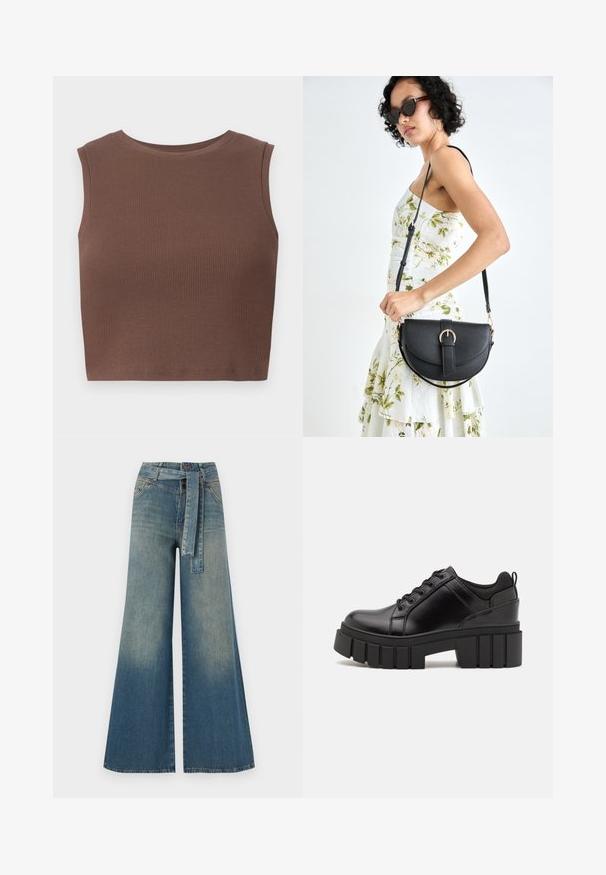 Brūns ribots bezpiedurkņu kūpošais tops ar apaļu izgriezumu. Gluda tekstūra un pieguļošs siluets, kas izceļ vienkāršību dizainā.; Platām kājām džinsu bikses ar gaismas līdz tumši zilam gradientam, augstu jostas līniju, jostas cilpām un atbilstošu auduma jostu. Tekstūrēts džinsas apdare.; Melnas ādas platformas kurpes ar masīvu bloku papēdi, apaļu purngalu un tradicionālu saistīšanas dizainu. Izceļas ar gludu tekstūru un minimālu apdari.; Melnas ādas rokassoma ar izliekta formu, noņemamu siksnu un zelta aksesuāriem. Somai ir vāciņš ar sprādzes detaļu.