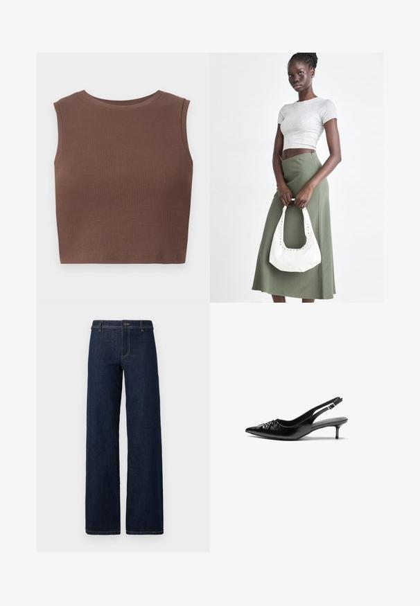 Brūns ribots bezpiedurkņu kūpošais tops ar apaļu izgriezumu. Gluda tekstūra un pieguļošs siluets, kas izceļ vienkāršību dizainā.; Platas kājas tumšu denimu džinsi ar klasisku piecu kabatu dizainu, ar zelta diegu un pogu aizdari jostasvietā.; Melni ādas sandales ar norādītu pirkstu, mazu kaķa papēdi un dekoratīvu mezglu detaļu priekšā. Gluda tekstūra visā virsmā.; Pelēks ribots īsais tops un olīvzaļš augstās vidukļa svārki. Modelis tur baltu plecu somu ar izgriezumiem. Vienkāršs dizains, pieguloša silueta.