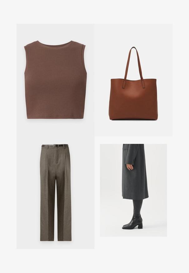 Brūns ribots bezpiedurkņu kūpošais tops ar apaļu izgriezumu. Gluda tekstūra un pieguļošs siluets, kas izceļ vienkāršību dizainā.; Brūnas pielāgotas bikses ar taisnu griezumu, ar gludu tekstūru, jostas cilpām un plakanu priekšpusi.; Pelēks, pielāgots mētelis ar taisnu griezumu; kombinēts ar melniem ādas zābakiem līdz ceļiem, kuriem ir kvadrāta formas purngals un masīla dūre.; Brūna ādas iepirkumu soma ar gludu tekstūru, atvērta augšdaļa un divas plecu siksnas. Izceļas ar minimālām šuvēm un redzamu aparatūru nav.