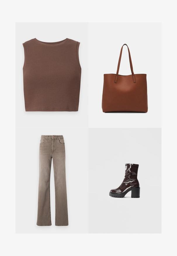 Pruun soonikuta ilma varrukateta lühike pluus, millel on ümara kaelusega lõige. Sile tekstuur ja hästi istuv kuju, rõhutades disaini lihtsust.; Pruunid kõrge vöökohtadega sirged teksad, millel on ees nupp, vöölõngad ja klassikaline viie tasku disain valgel taustal.; Klakav läikiv burgundi värvi pahkluu saabas, millel on paks must konts, sile tekstuur ja lihtne disain. Nähtavad kinnitused või mustrid puuduvad.; Pruun nahast tote-kott, millel on sile tekstuur, avatud ülaosa disain ja kaks õlarihma. Omab minimaalset õmblust ja nähtavat riistvara ei ole.