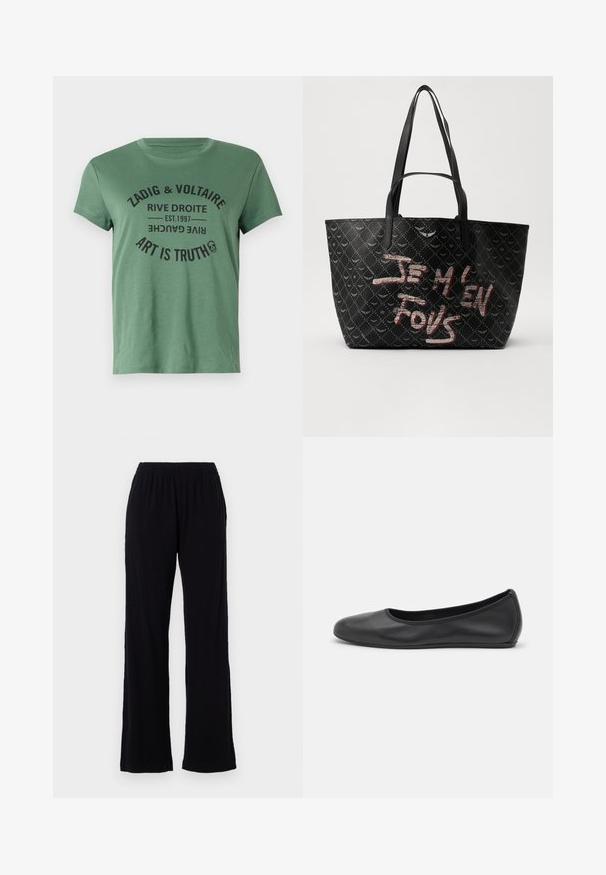 Zaļš kokvilnas T-krekls ar īsām piedurknēm un apaļu dekoltē, ar melnu drukātu tekstu "ZADIG & VOLTAIRE ART IS TRUTH."; Melni, viegli, elastīgi bikses ar taisnu kāju dizainu. Mīksta tekstūra bez redzamām rakstiem vai akcentiem. Vienkāršs un daudzpusīgs stils.; Melna ādas baleta kurpe ar noapaļotu purngalu, gludu tekstūru, minimālu šuvju detalizāciju un elastīgu zoles dizainu.; Melna somiņa ar strukturālu materiālu, kas rotāta ar dimanta rakstu, plecu siksnām un drosmīgu sarkanu un baltu tekstu "JE M'EN FOUS."