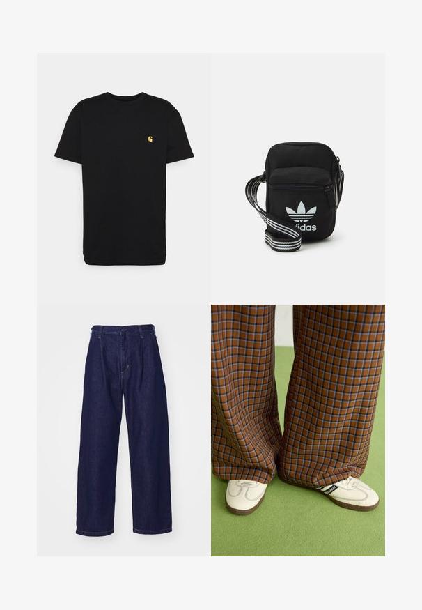 Czarna bawełniana koszulka z krótkim rękawem, okrągłym dekoltem i małym żółtym logo na lewej piersi. Prosty design i regularny krój.; Granatowe dżinsy o szerokim kroju, wysoki stan, z zapięciem na guzik i klasycznym pięciopunktowym stylem. Gładka tekstura, subtelne przeszycia.; Brązowo-niebieskie spódnice w kratę o szerokich nogawkach zestawione z białymi butami z czarnymi akcentami i teksturowaną podeszwą, na tle zielonego tła.; Czarna torba crossbody wykonana z materiału, z zamknięciem na zamek błyskawiczny, z białym logo Adidas oraz regulowanym paskiem w paski, co ułatwia noszenie.