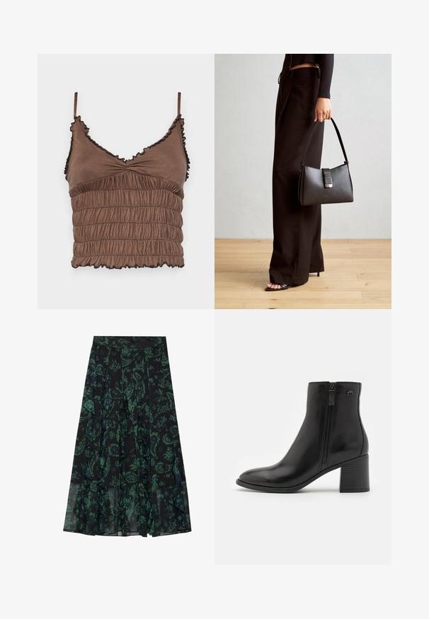Brown cropped top made of soft fabric, featuring a shirred design, adjustable straps, and ruffled edges with black accents.; Black skirt with green floral pattern, featuring ruffled edges and pleats. Made from lightweight fabric, offering a flowing silhouette.; Black ankle boots made of smooth leather with a side zipper. Features a pointed toe and a textured block heel for stability.; Black handbag with structured shape, smooth texture, and a metallic clasp. Paired with wide black pants and open-toe sandals on wooden floor.