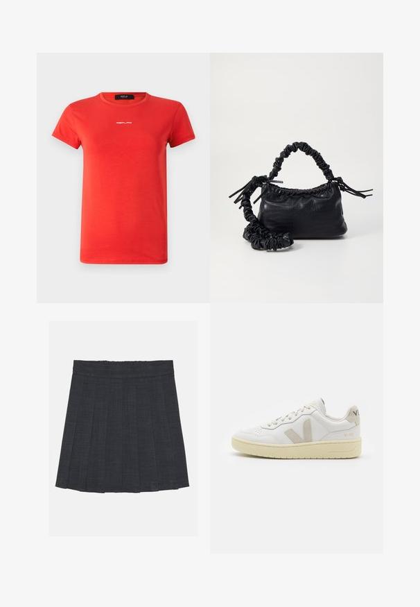 Replay LOGO - Basic póló - red; Sötétszürke pliszírozott szoknya rugalmas derékkal, texturált anyagból, klasszikus A-vonalú sziluettel. Alkalmas mindennapi viseletre.; Fehér bőr sneaker bézs velúr részletekkel, perforált orr résszel, lapos fűzőkkel és textúrált krémszínű talppal. Finom márkajelzés található a sarkán.; Fekete műbőr kézi táska krokodil bőr textúrával, összehúzható tetejű és gyűrt pánttal. Lágy és kompakt dizájnúnak tűnik.