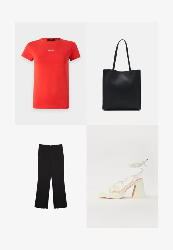 Replay LOGO - T-shirt basic - red; Pantaloni neri a gamba dritta, con tasche frontali e spacchi laterali all'orlo. Realizzati in tessuto morbido e liscio. Adatti a diverse occasioni.; Sandalo bianco con tacco alto, caratterizzato da un design a cinturini e un legaccio alla caviglia. Texture liscia con una piattaforma frontale per un'altezza aggiuntiva.; Borsa tote in pelle nera con texture liscia, forma rettangolare e due manici lunghi. Nessun hardware o decorazione visibile.